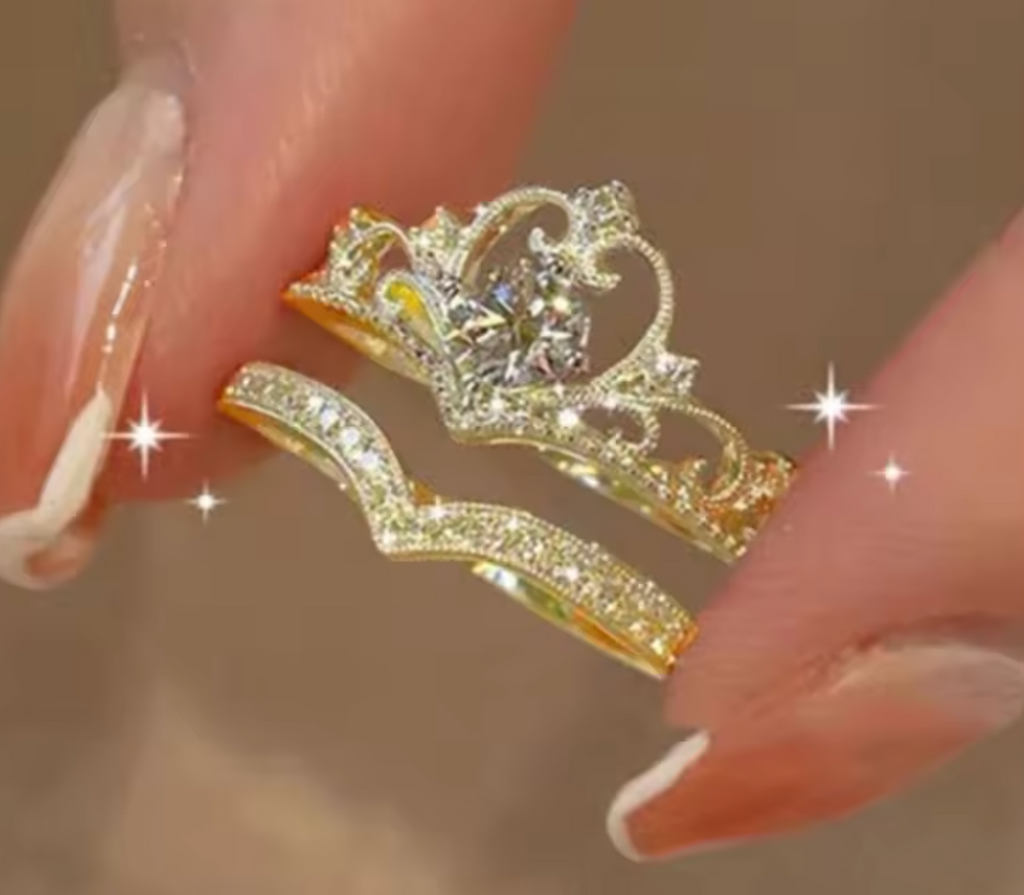2Pcs Crystal Crown Adjustable Ring Set