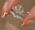 2Pcs Crystal Crown Adjustable Ring Set