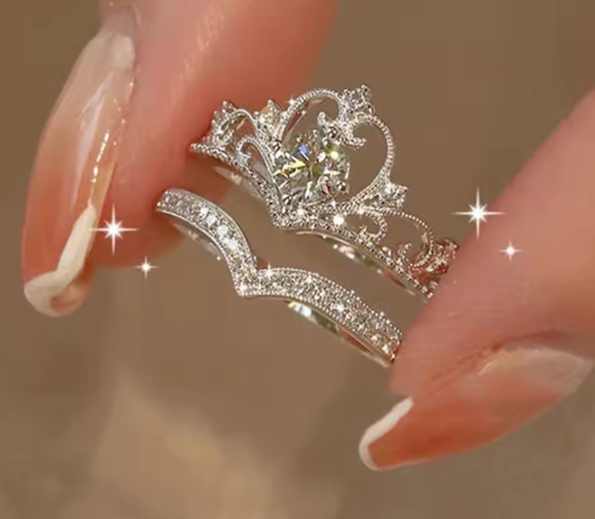 2Pcs Crystal Crown Adjustable Ring Set
