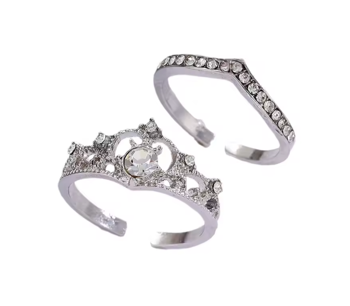 2Pcs Crystal Crown Adjustable Ring Set
