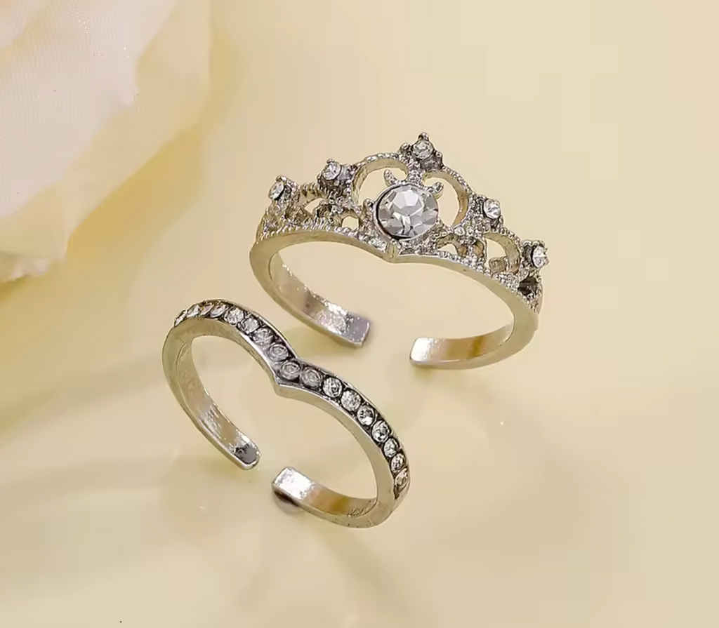 2Pcs Crystal Crown Adjustable Ring Set