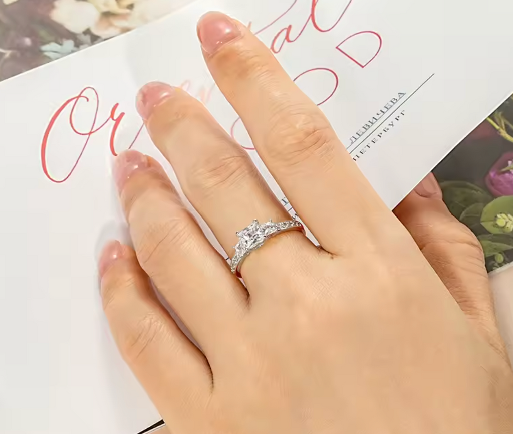 Three Stone Princess Cut CZ Simulated Diamond Engagement Ring