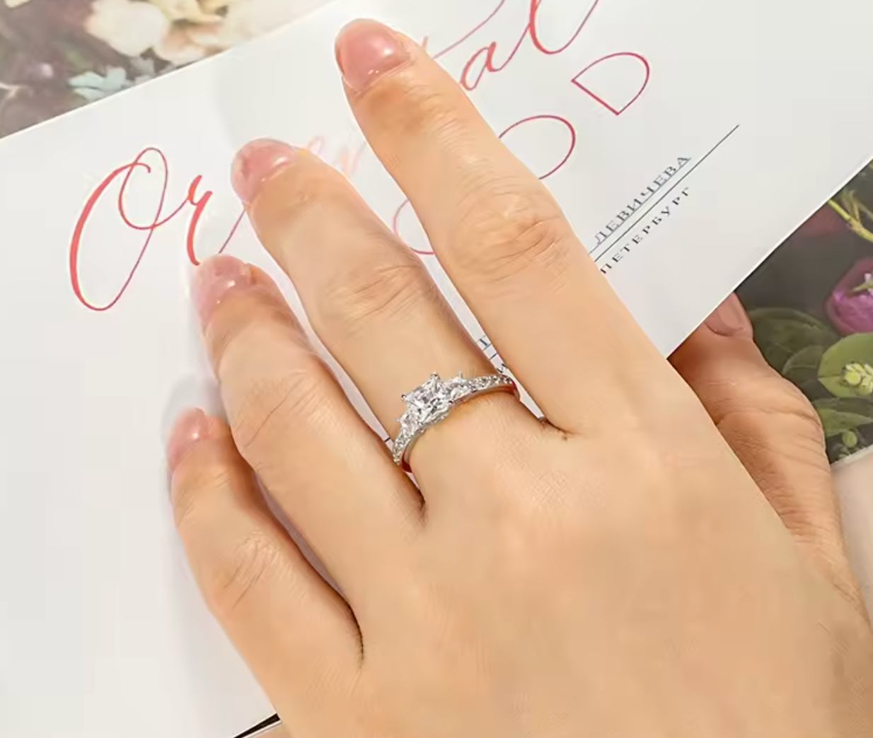 Three Stone Princess Cut CZ Simulated Diamond Engagement Ring